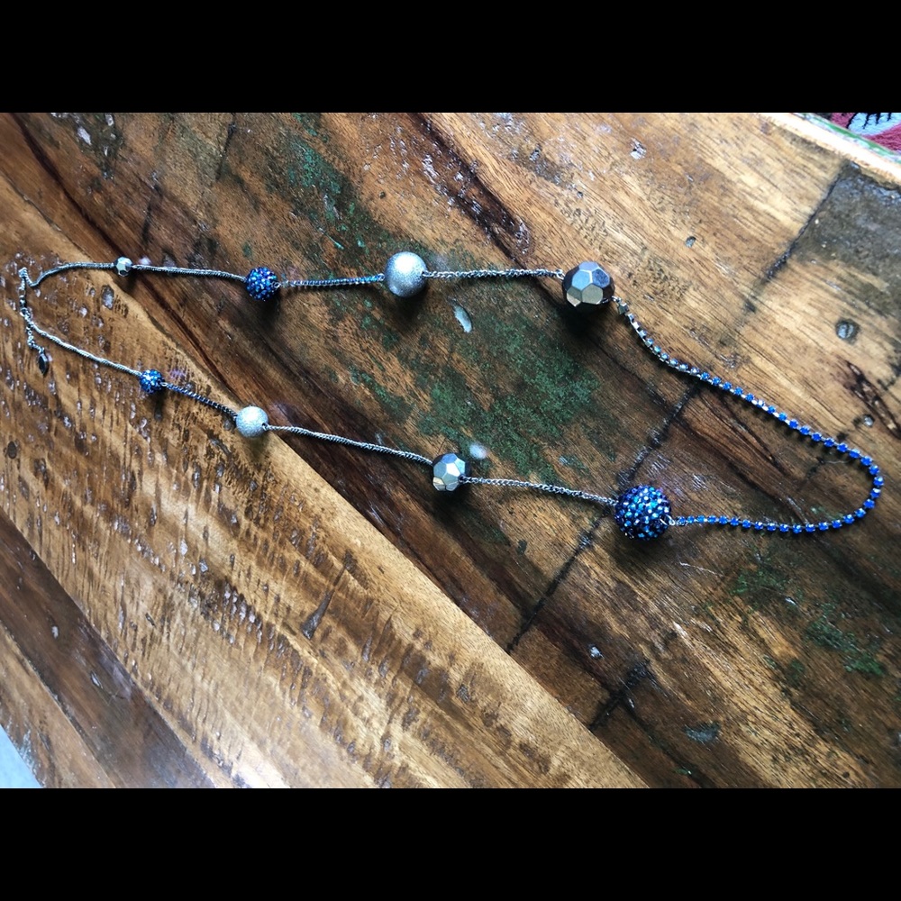 Long Gunmetal and Iridescent Blue Necklace